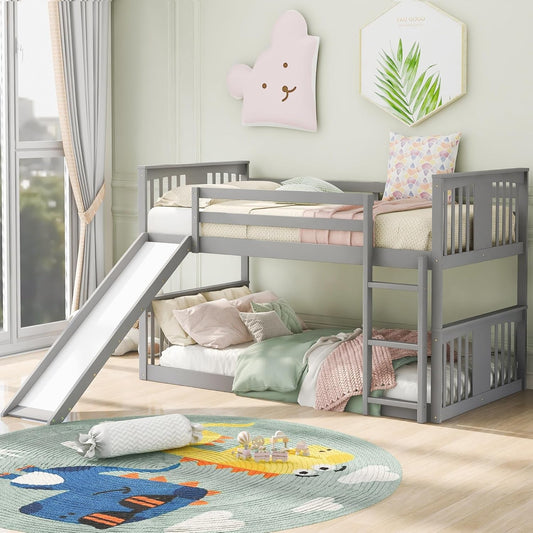 Montessori Floor Bunk Bed Twin over Twin, Twin Bunk Bed with Slide and Ladder, Kids Bunk Beds with Guardrail Headboard and Footboard, Low Bunk Beds for Kids, Boys, Girls, Twin Bunk Bed Gray-0