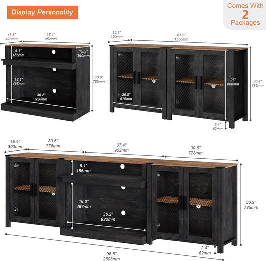 2 in 1 TV Stand Set for 100 Inch TV, Farmhouse Entertainment Center with 4 Mesh Door and Open Storage Shelves, Wood Media TV Console Table for Dining and Bedroom，Dark Walnut and Black-1