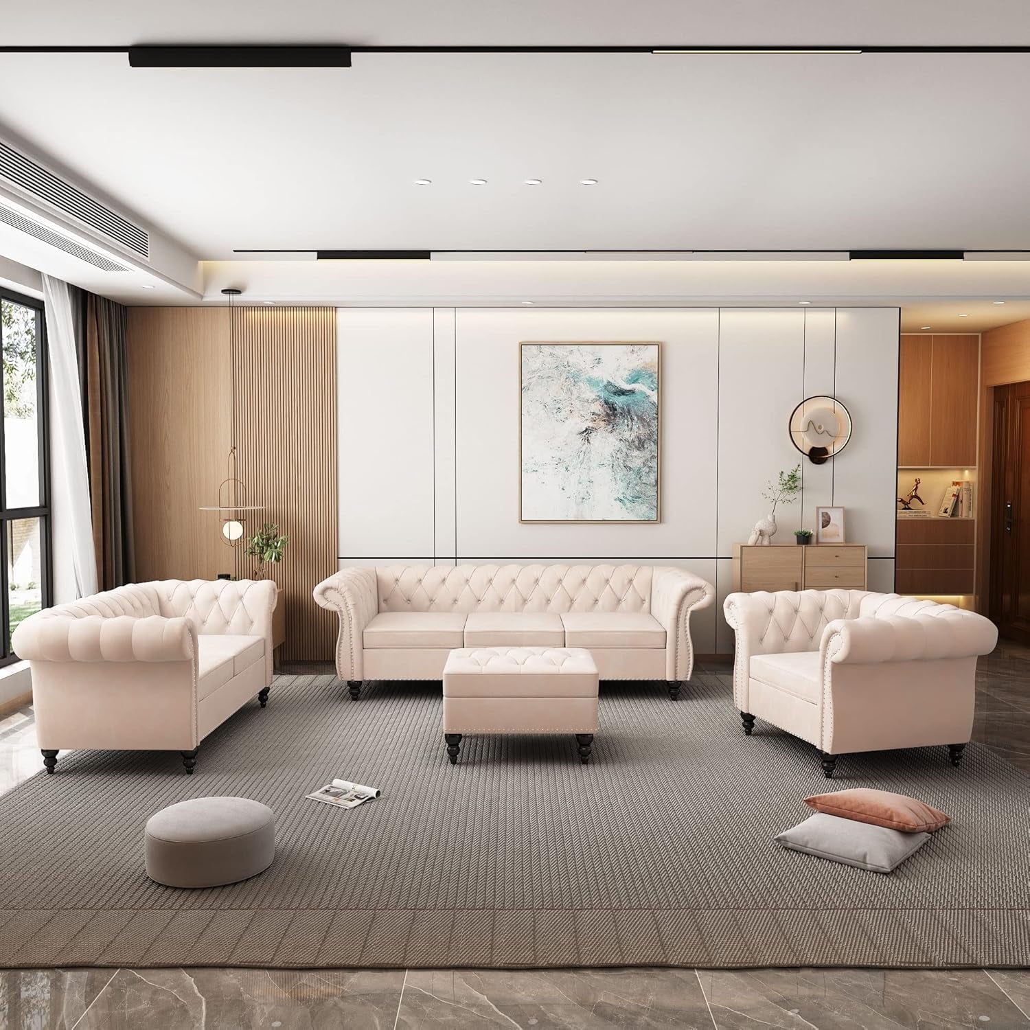 3-Piece Living Room Sectional Sofa Set, Upholstered Sofa Modern Sofa Couches Set Style Button Tufted, Velvet Chesterfield Sofa for Living Room Apartment, 1+2+3 Seat Beige-2