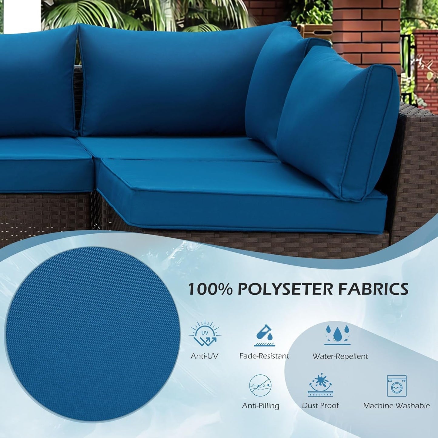 Outdoor Replacement Cushions for Patio Furniture,Water-Repellent Sofa Cushions for 6-Seat Rattan Wicker Sectional Patio Conversation Sets,14-Piece Cushions Set for Outdoor Couch-Blue-4