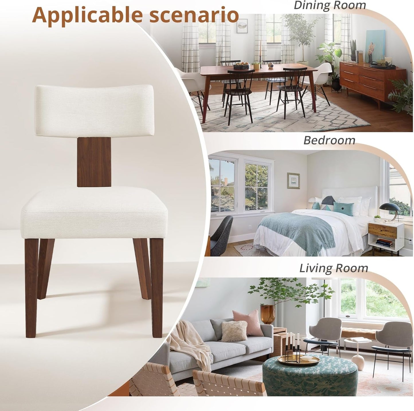 Dining Chairs Set of 4, Linen Mid Century Modern Dining Chairs with Curved Backrest and Wood Legs, Upholstered Dining Room Chairs for Kitchen, Living Room, Beige-4