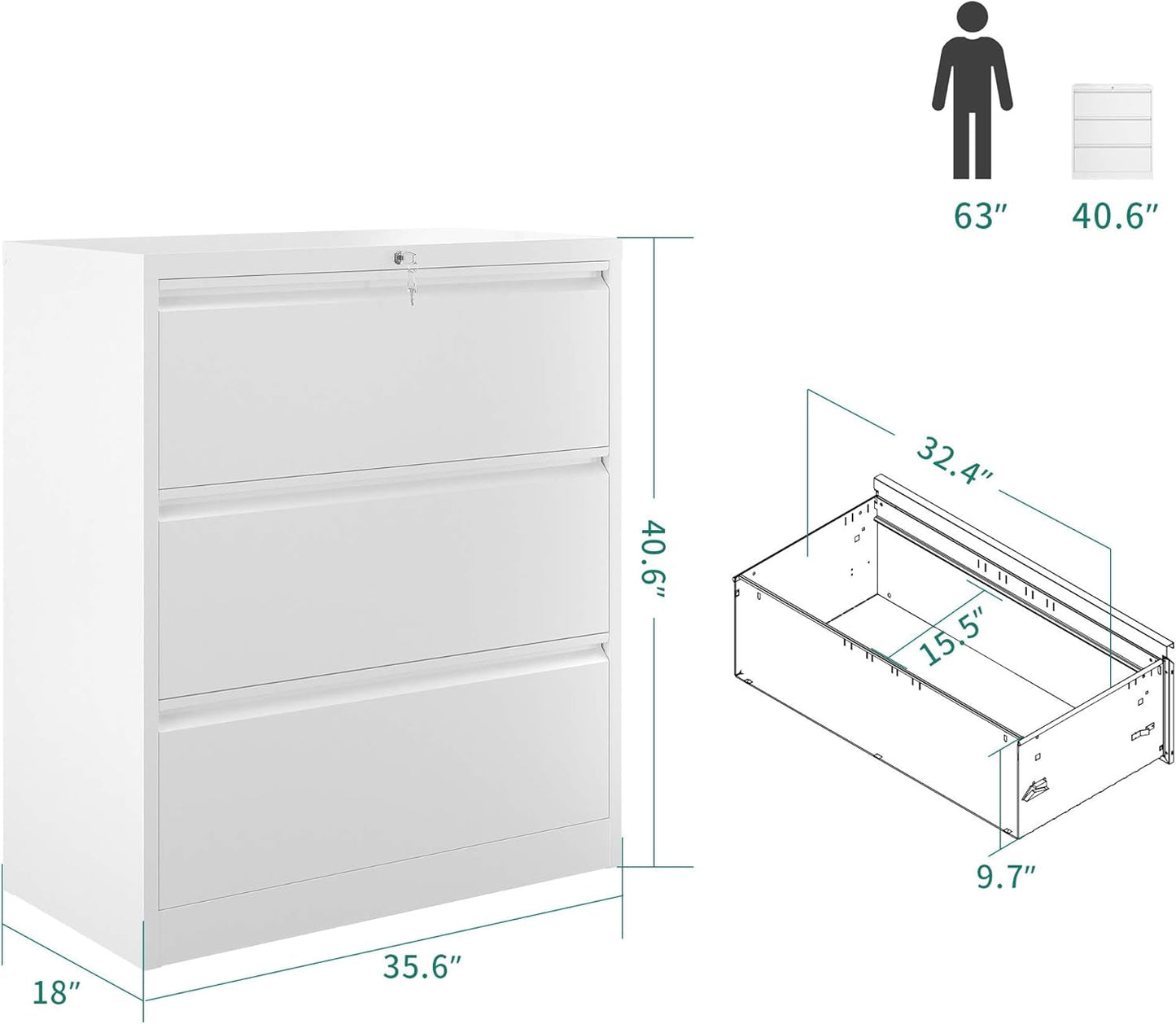 3 Drawer Lateral File Cabinet with Lock, Metal Stainless Steel Wide Lateral Filing Cabinet for Legal/Letter A4 Size, Office Organizer Storage Cabinet,White-2