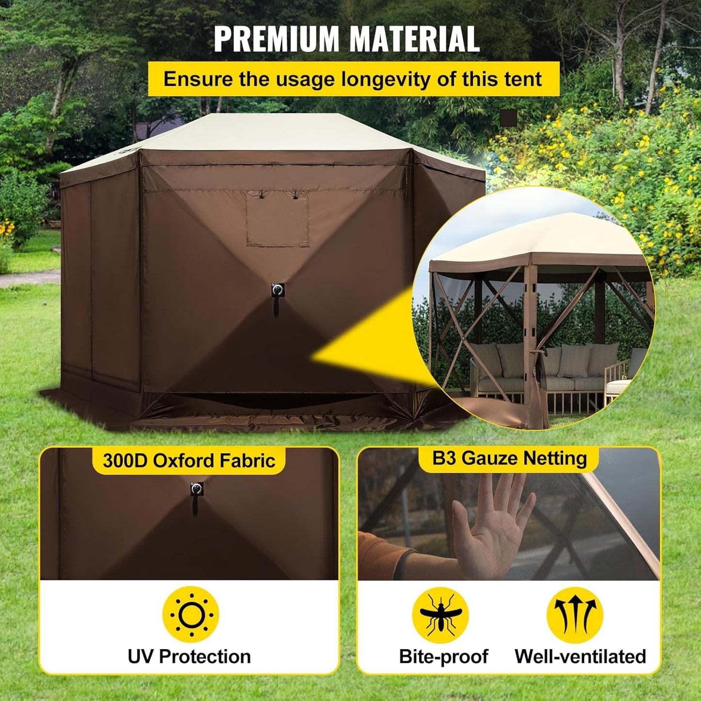 12x12 Brown Beige 6-Sided Pop-Up Screen Tent-4