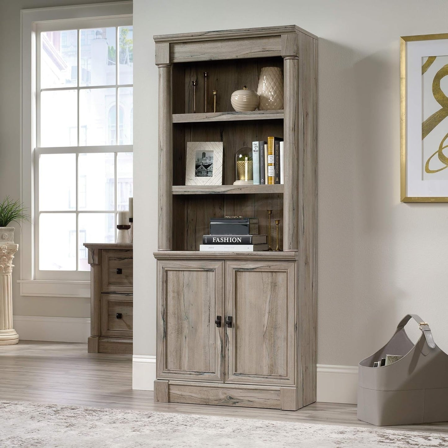 Palladia Library with Doors/Book Shelf, L: 29.37" X W: 13.9" X H: 71.85", Split Oak-1