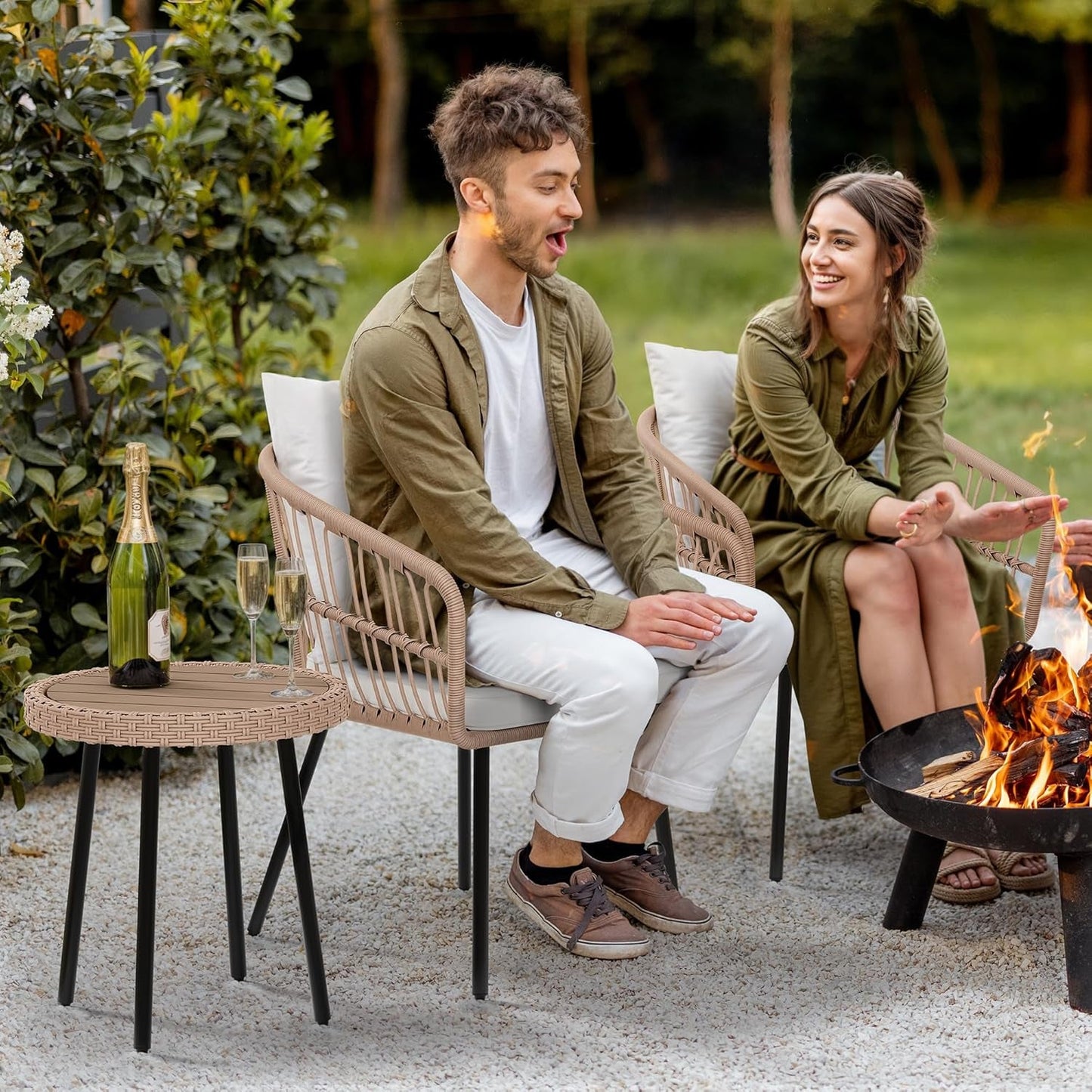 3 Pieces Outdoor Wicker Patio Conversation Bistro Set, All-Weather Rattan Patio Furniture Set with Table & Cushions, Outdoor Sectional Sofa for Patio, Balcony, Backyard, Deck-2