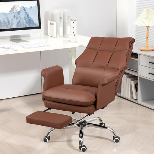 Executive Office Chair, PU Leather Ergonomic Office Desk Chair with Footrest, Reclining and Swivel Chair, Brown-1