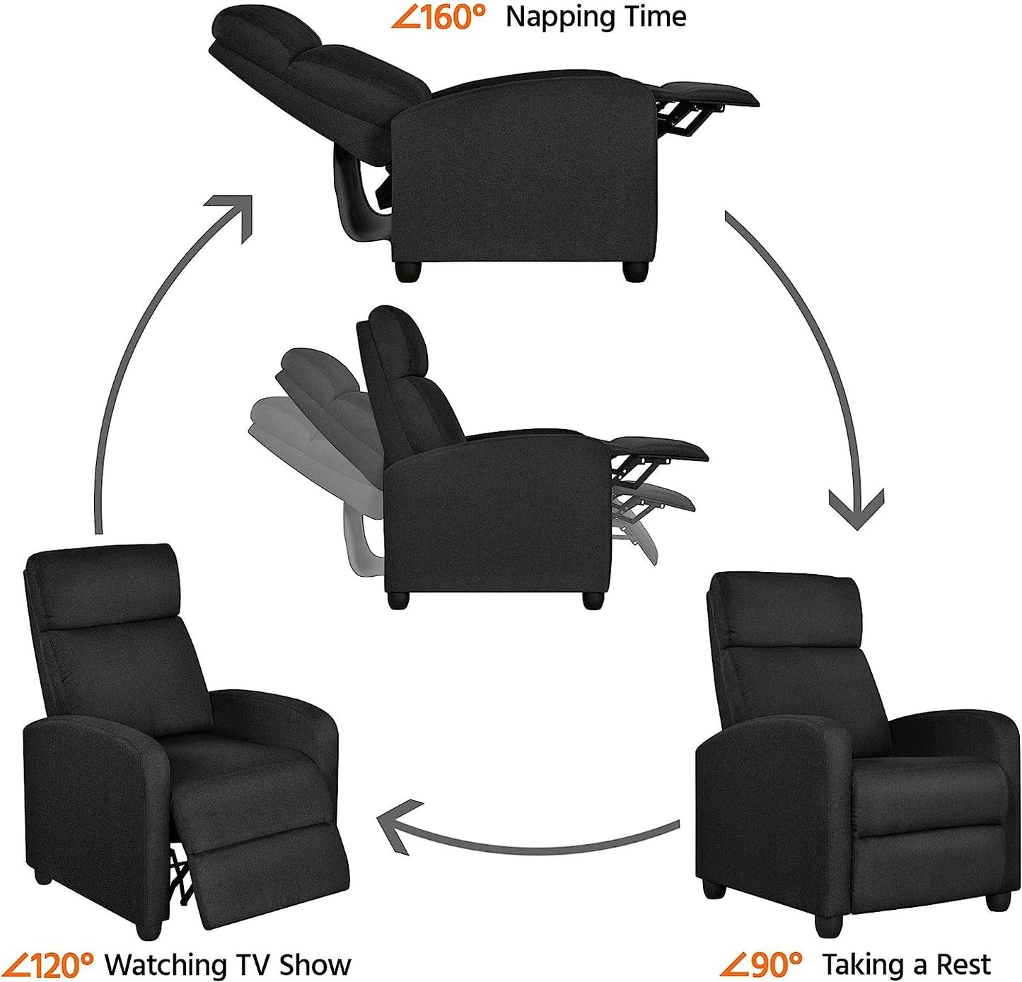 Fabric Push Back Recliner Chair, Pocket Spring, Matte Black-4