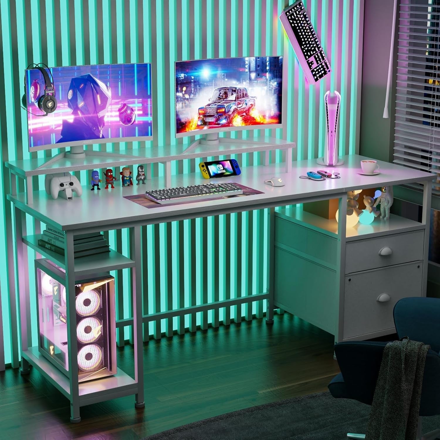 61'' Computer Desk with Fabric File Cabinet & Drawer, Reversible White Storage Shelf, Office Long Monitor Stand, Writting Workstation, for Home/Office/Bedroom, 61In NO Outlets-1