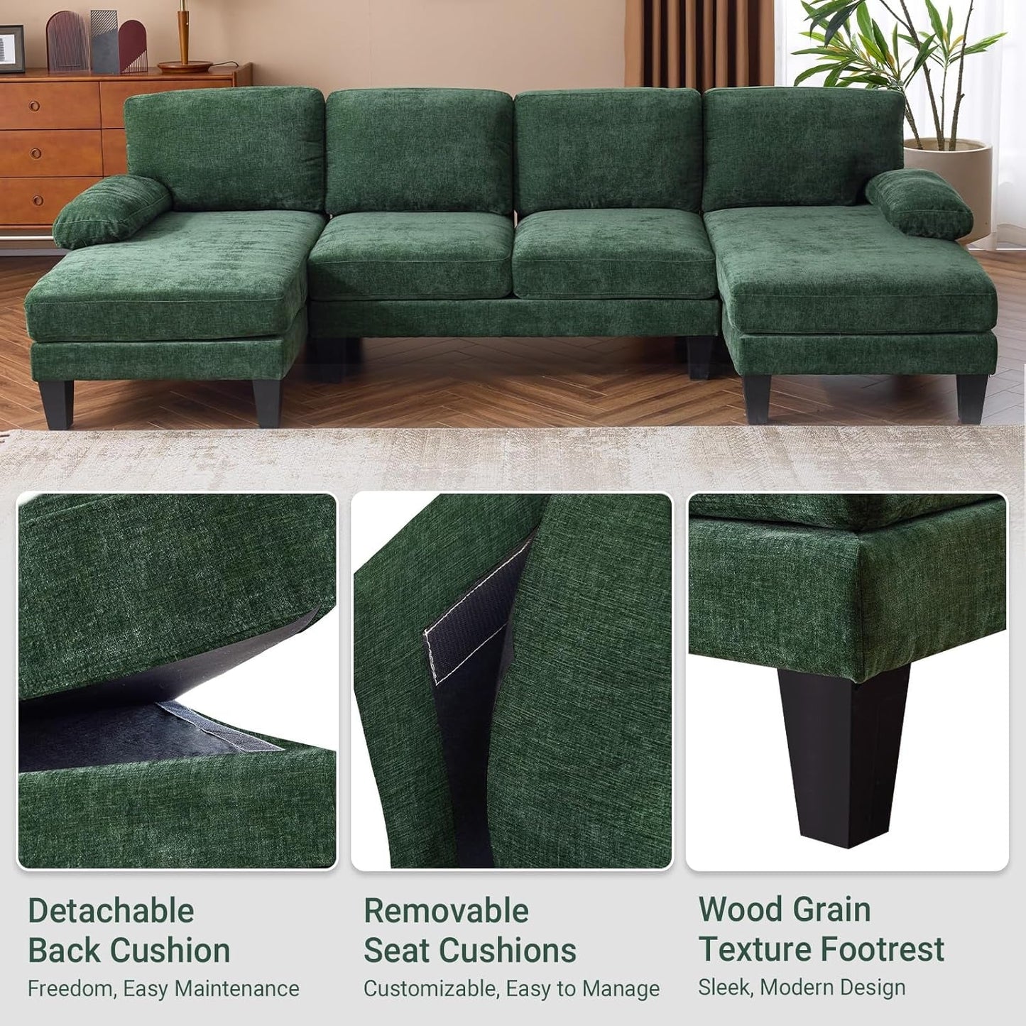 Forest Green 110" U-Shape Sectional Couch Double Chaise-3