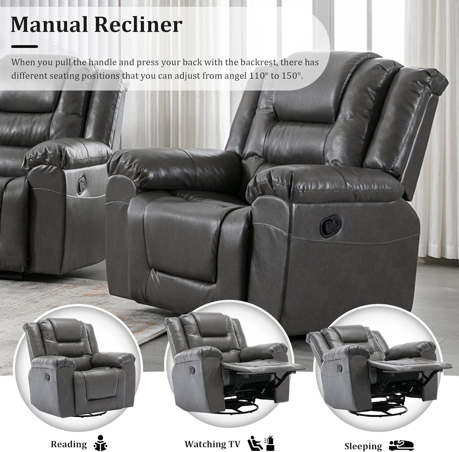 Leather Recliner Chair with Adjustable Backrest, Modern Home Theater Seating for Living Room, Bedroom, Home Theater,Rv(Grey)-3