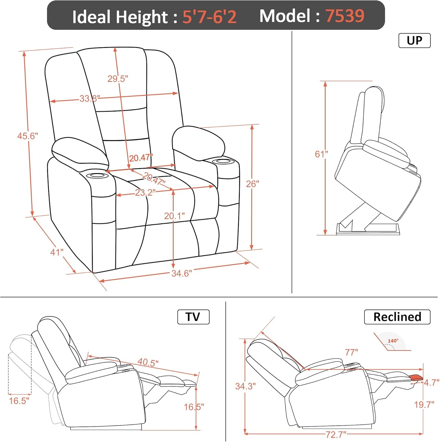 Large Power Lift Recliner Chair Sofa with Massage and Heat for Big and Tall Elderly People, 3 Positions, Cup Holders, and USB Ports, Faux Leather 7539 (Large, Black)-2