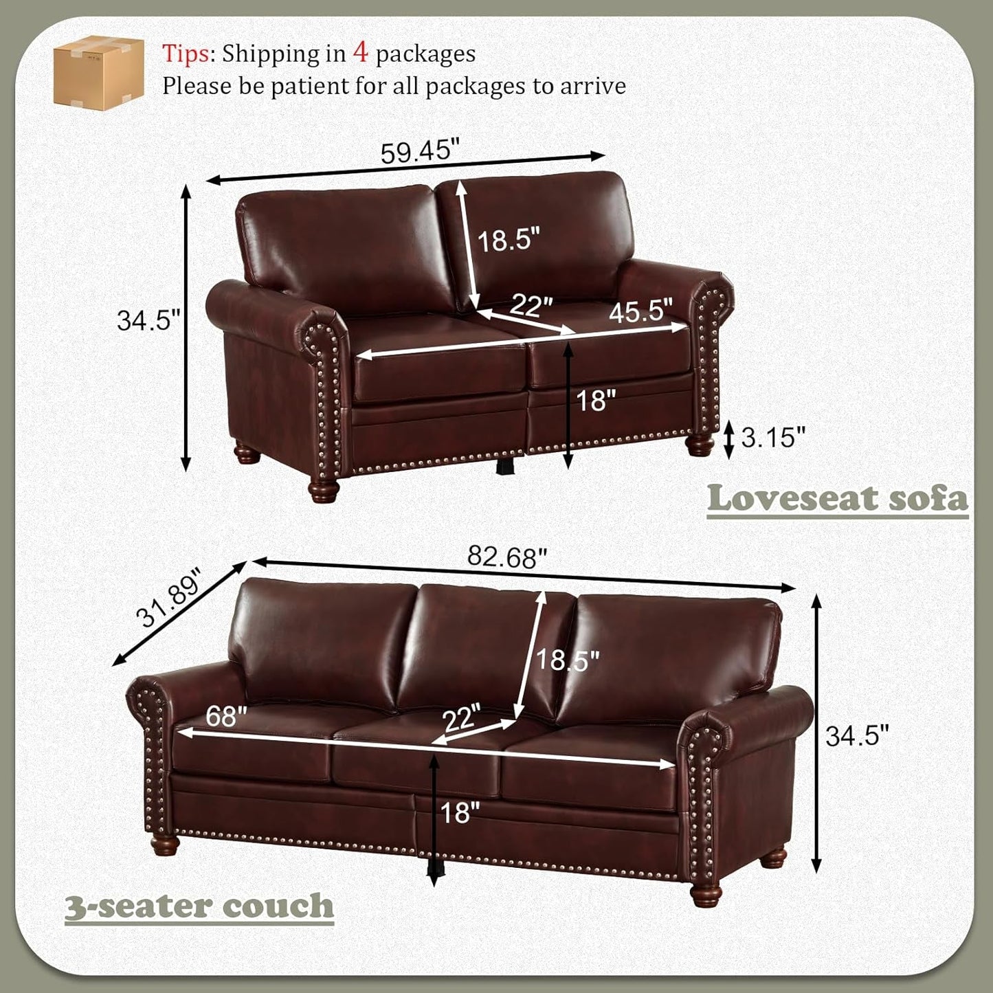 2-Piece Comfy Upholstered PU Leather Sofa Couch Set, Mid-Century Modern Loveseat Sofa+3 Seater Couch with Storage Space for Living Room, Furniture Set, Red Brown-1