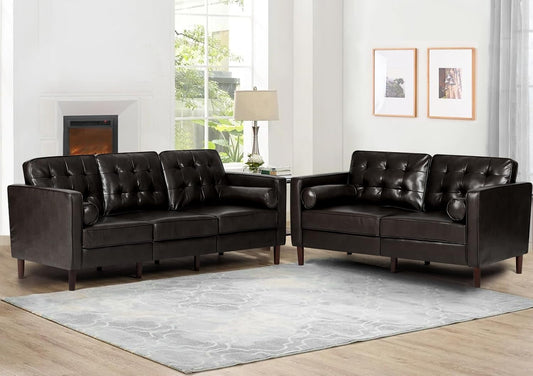 2 Pieces Faux Leather Couch Set, Upholstered 3 Seat & Loveseat Sofa with Bolster Pillows, Mid Century Modern Couch Set with Wooden Legs for Living Room, Bedroom, Office. Dark Brown-0