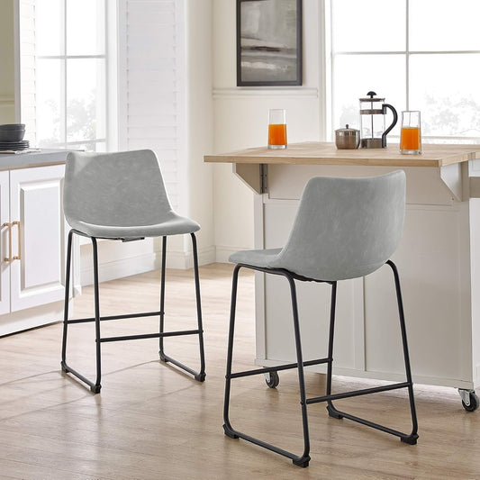 Douglas Urban Industrial Faux Leather Armless Counter Chairs, Set of 2, Grey-1