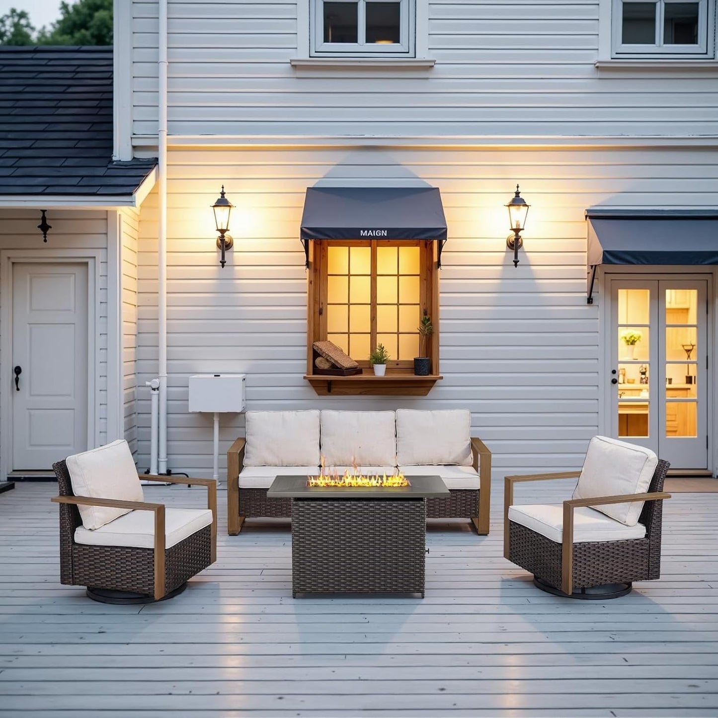 Full 4 Pieces Patio Furniture Set with 41” Propane Fire Pit Table, Outdoor Conversation Set with Swivel Glider Outdoor Chair Set of 2 and Rattan Sofa for Deck Backyard-0