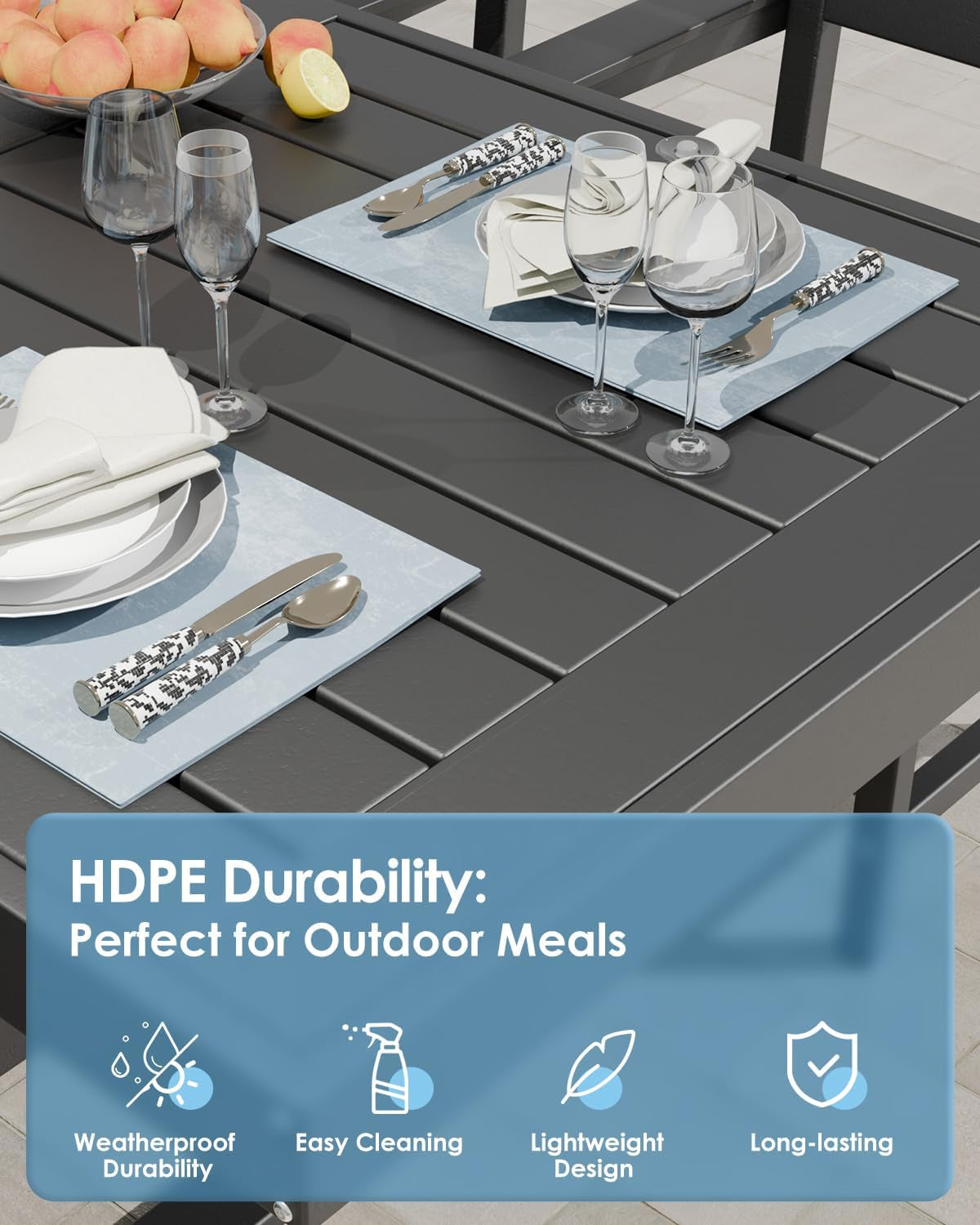 7-Piece Outdoor Dining Set for 6 - All-Weather Patio Furniture HDPE Table with Umbrella Hole and Chairs for Garden, Backyard, Poolside,Balcony, Black-2