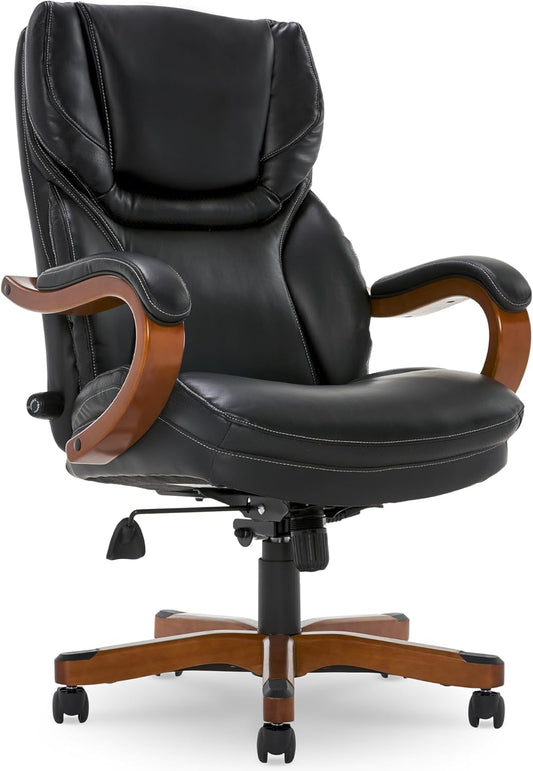 Big and Tall Executive Office Chair with Wood Accents, Adjustable High Back Ergonomic Computer Chair with Lumbar Support, Bonded Leather, Black-0