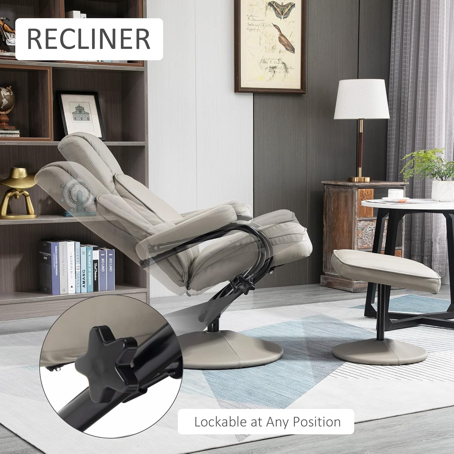 Swivel Recliner, Manual PU Leather Armchair with Ottoman Footrest for Living Room, Office, Bedroom, Grey-3