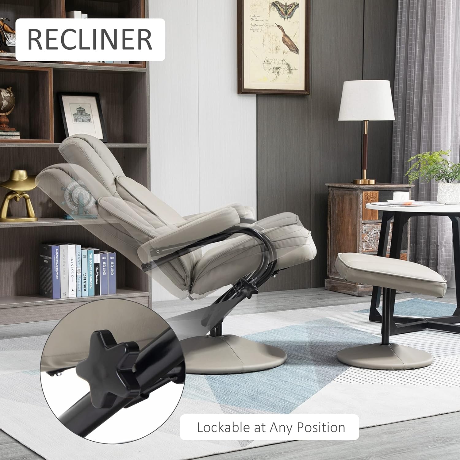 Swivel Recliner, Manual PU Leather Armchair with Ottoman Footrest for Living Room, Office, Bedroom, Grey-3