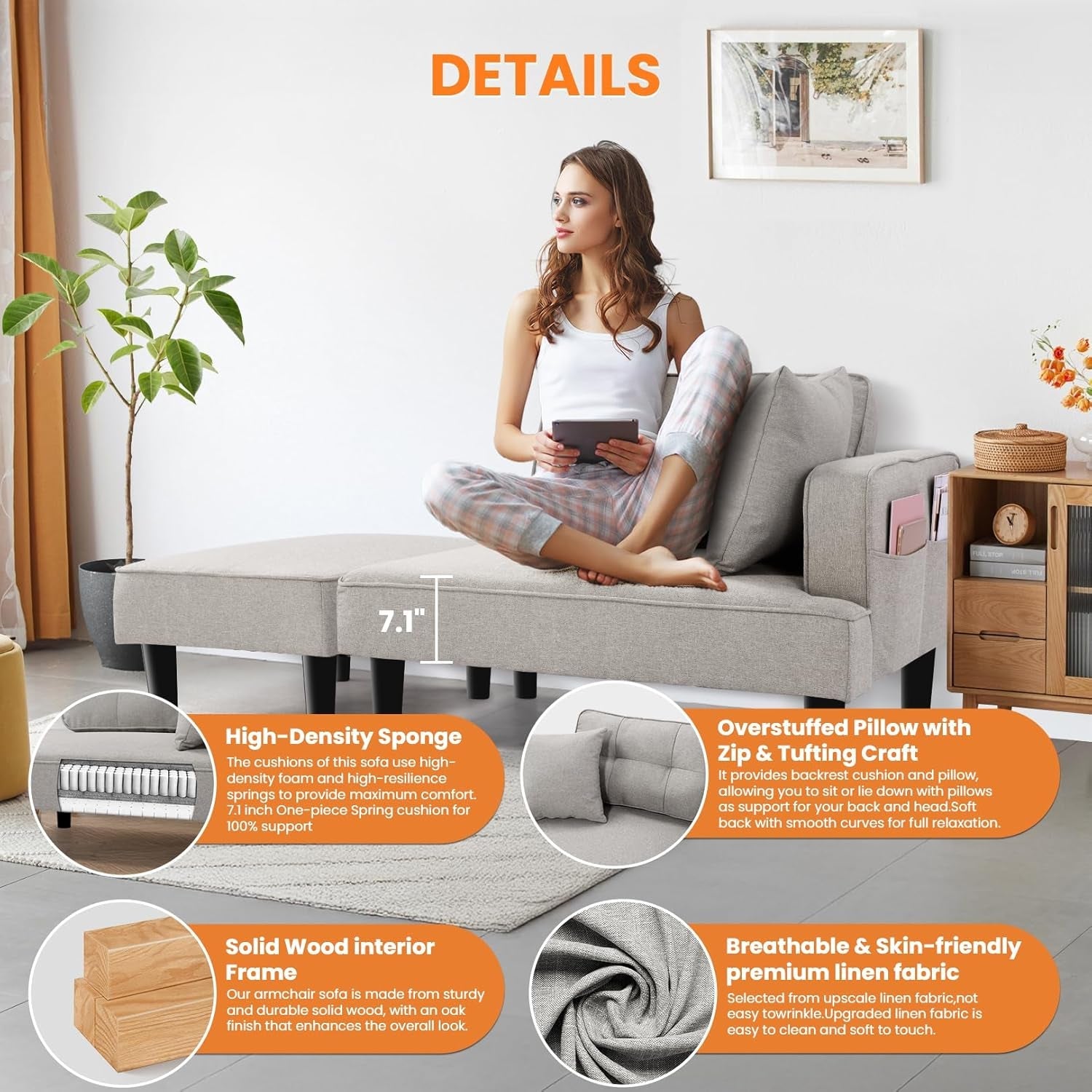 Recliner Sofa Bed Modular Sectional Convertible Sofa for Small Space, Flexible Combination Corner Couch with Ottoman, Modern Flax Fabric Loveseat for Apartment Sleeping Room Living Room,Right Armrest-4