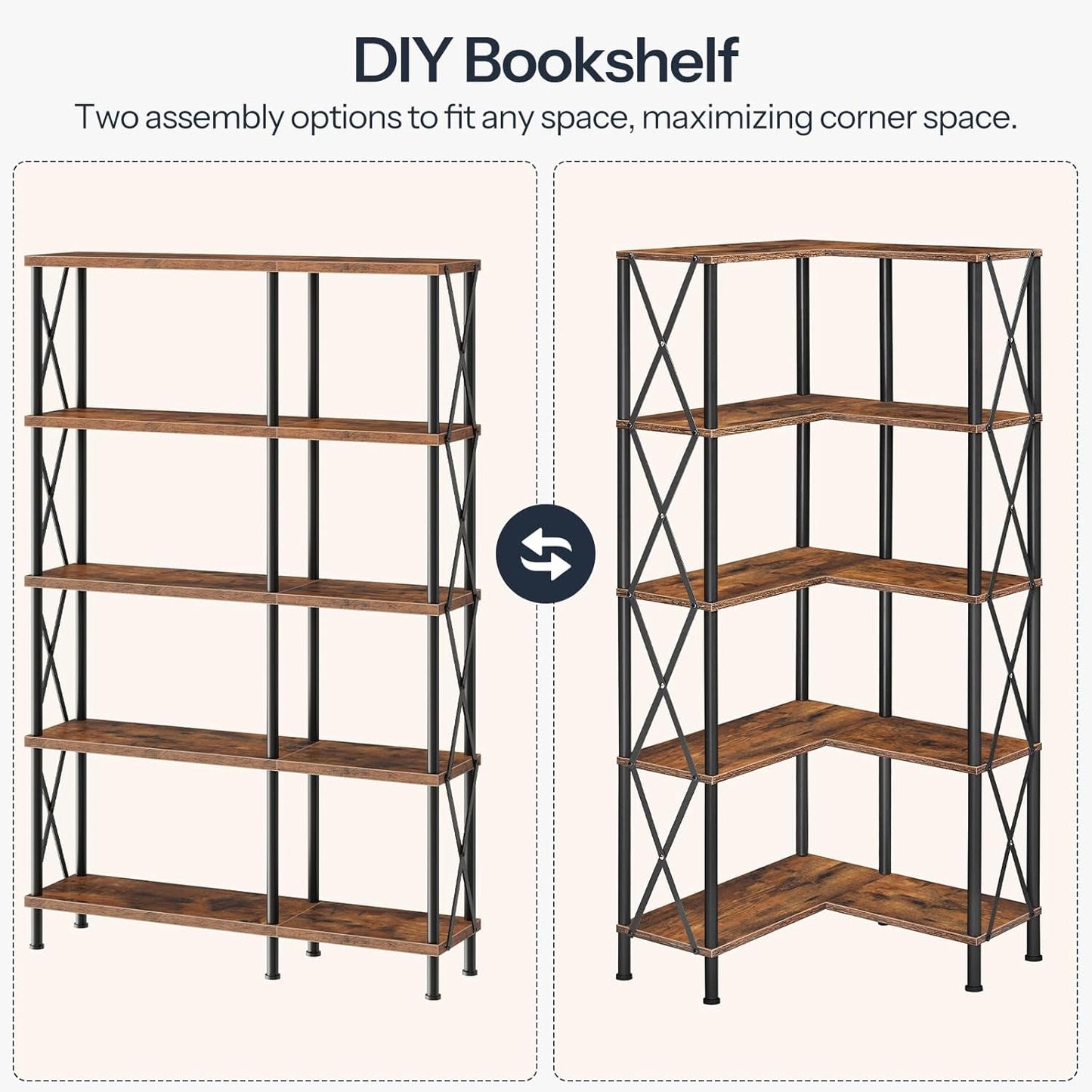 Corner Bookshelf, 5-Tier L-Shaped Bookcase, Industrial Open Display Shelf Tall Storage Organizer, Vertical Storage Rack, for Living Room, Home Office, Rustic Brown and Black BF60SJ01-3