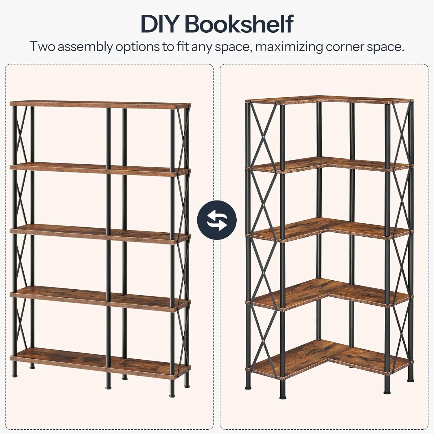 Corner Bookshelf, 5-Tier L-Shaped Bookcase, Industrial Open Display Shelf Tall Storage Organizer, Vertical Storage Rack, for Living Room, Home Office, Rustic Brown and Black BF60SJ01-3