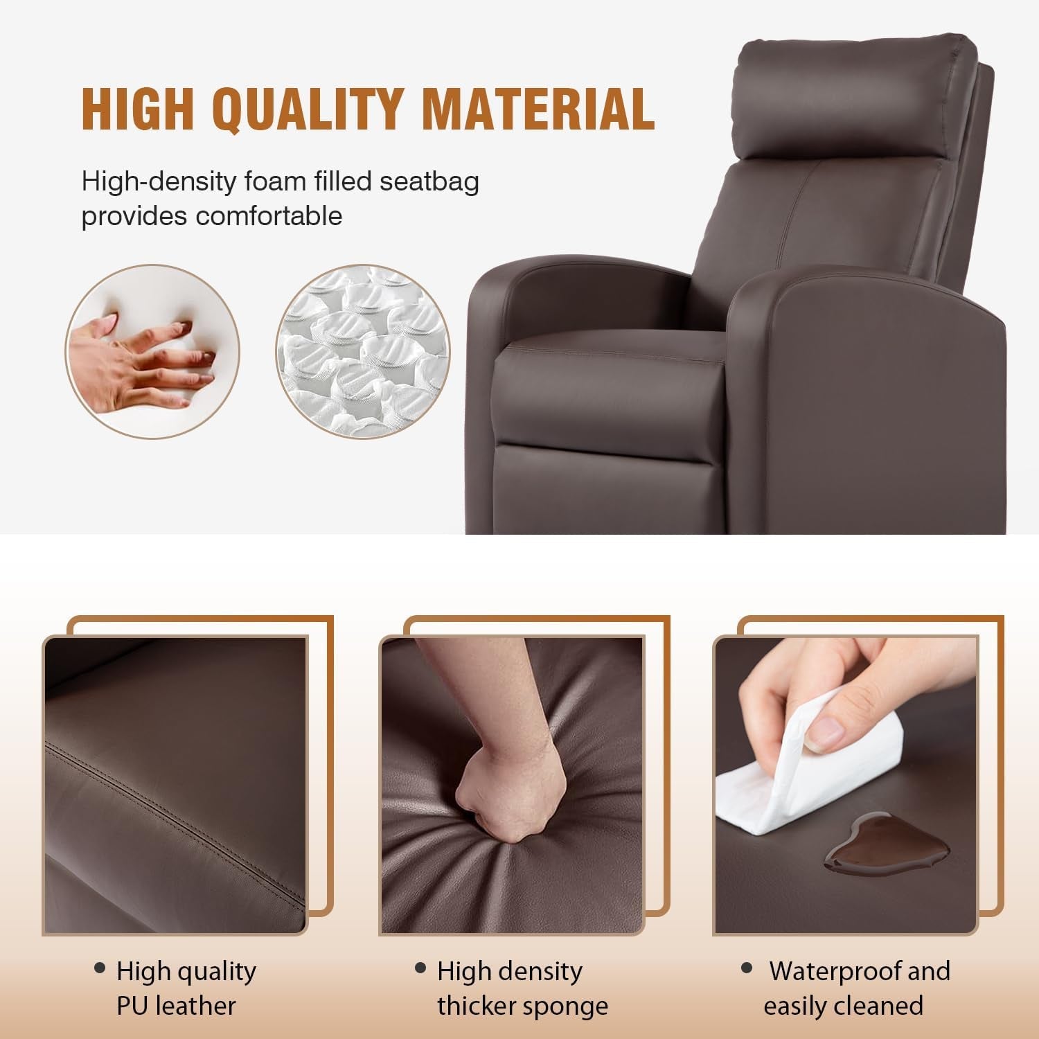 Recliner Chair Single Reclining Sofa Leather Chair Home Theater Seating Living Room Lounge Chaise with Padded Seat Backrest (Brown)-4