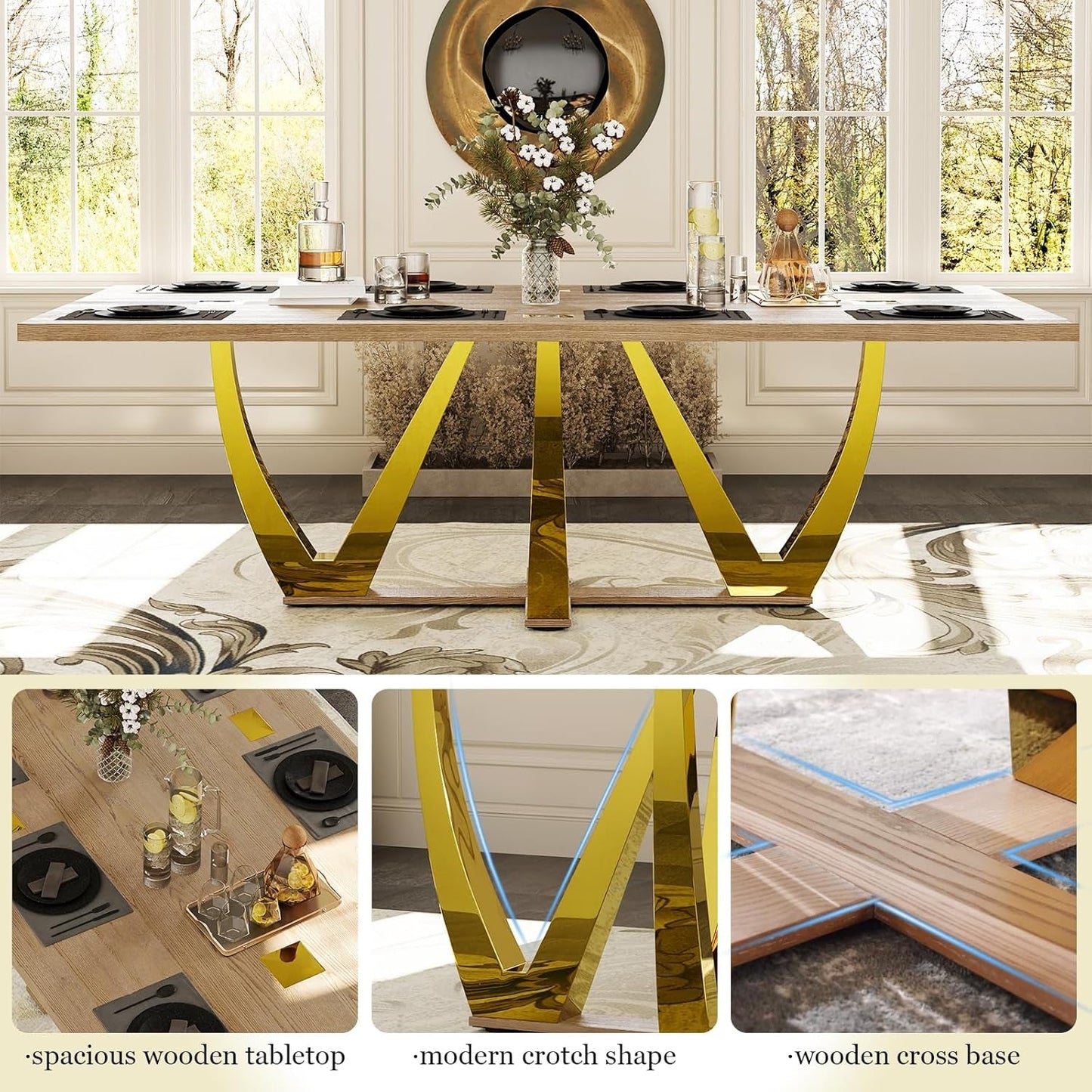 94 Inch Large Walnut Dining Table for 8-10 People, Polished Stainless Steel Tree Fork Legs, Wooden Cross Base, Sturdy and Waterproof, Wooden Dining Table Suitable for Kitchen, Dining Room-2