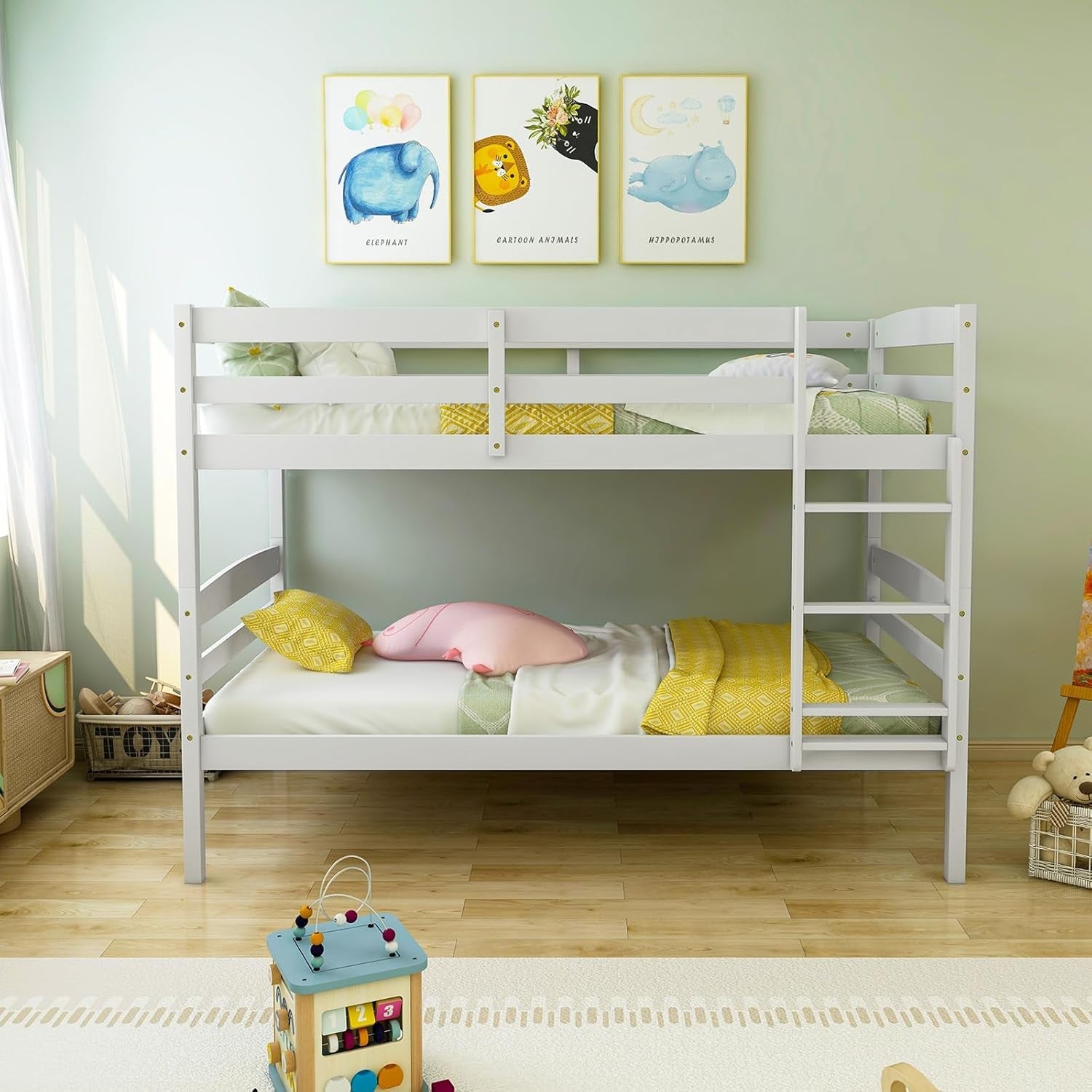 Bunk Bed Twin over Twin, Solid Wood Detachable Bed Frame with High Guardrails & Integrated Ladder, Wooden Slatted Bunk Bed for Kids & Teens, No Box Spring Needed, White-3
