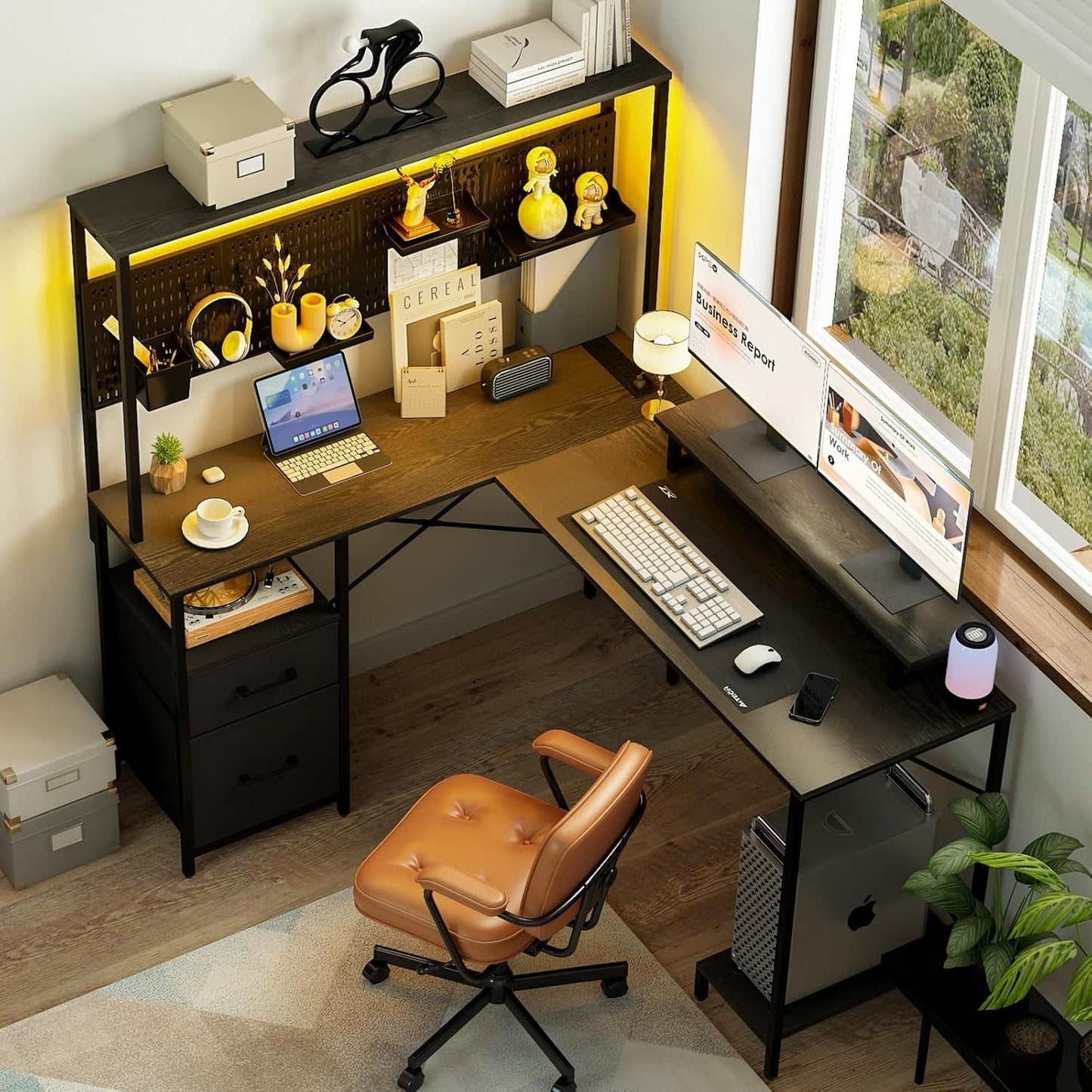 L Shaped Desk with Pegboard, Reversible Computer Desk with Drawers & Storage Shelves, Gaming Desk with LED Lights & Power Outlets, Office Desk with Monitor Stand Corner Desk Home Office Desks-0
