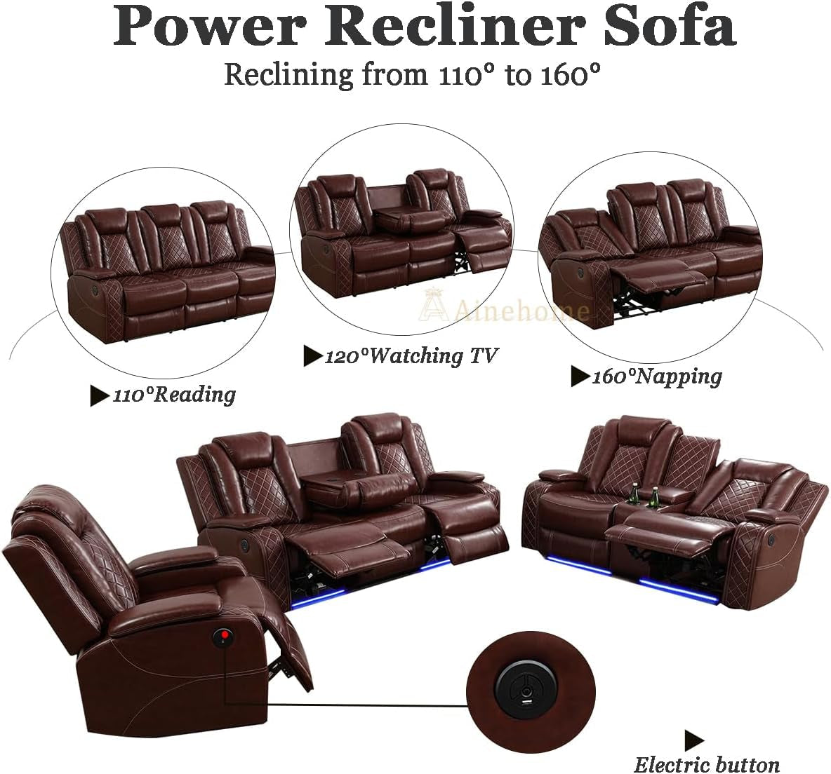 Luxury Living Room Furniture Sets Power Recliner Sectional Sofa Recliner Couch Set Recliner Leather Couch and Recliner Set Loveseat Chair for House/Office/Theater Seating(A-Brown)-4