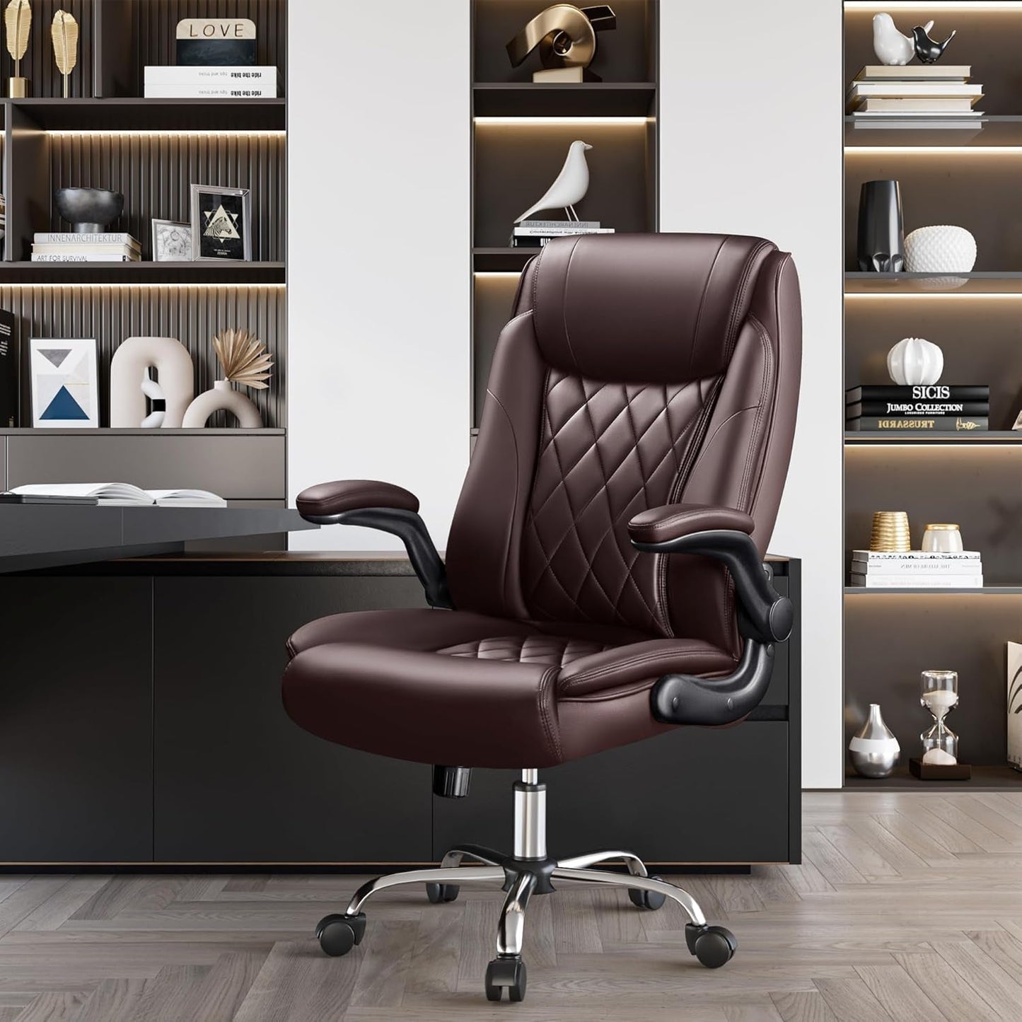 Executive Office Chair, Ergonomic High Back with Adjustable Flip-Up Armrest, Swivel Leather-Papped Seats with Lumbar Support, Brown-3