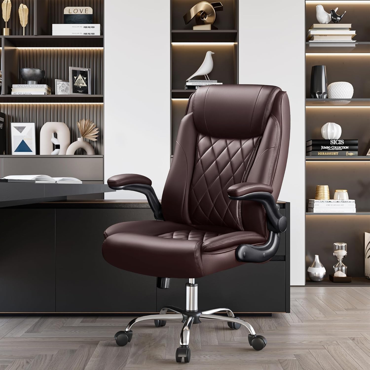 Executive Office Chair, Ergonomic High Back with Adjustable Flip-Up Armrest, Swivel Leather-Papped Seats with Lumbar Support, Brown-3