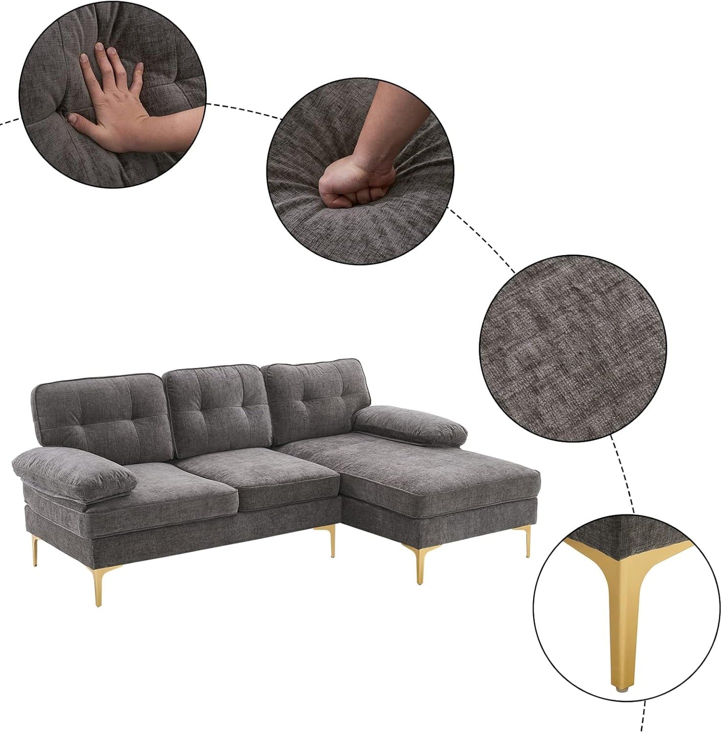 Sectional Sofa 83" L-Shape Sofa Couch 3-Seat Couch with Chaise Chenillefabric Upholstered for Living Room, Apartment, Office, Dark Gray-3