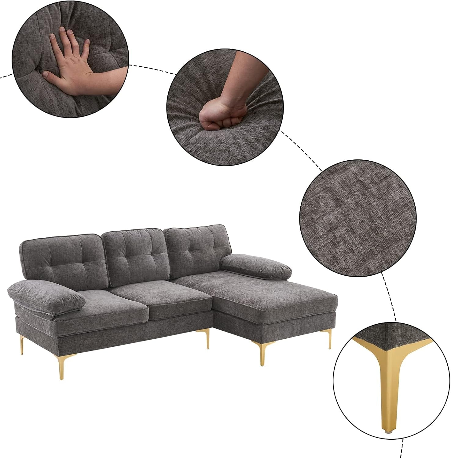 Sectional Sofa 83" L-Shape Sofa Couch 3-Seat Couch with Chaise Chenillefabric Upholstered for Living Room, Apartment, Office, Dark Gray-3
