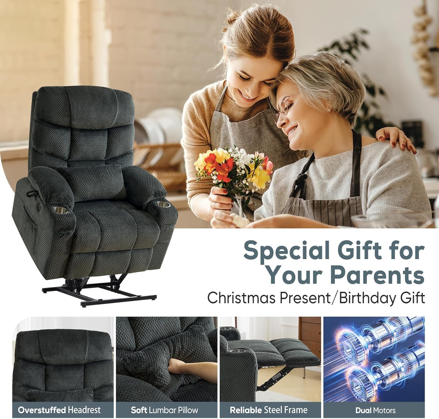 Large Dual Motor Lay Flat Power Lift Recliner Chair Set of 2 for Elderly with Massage and Heat, Textile Oversized Recliner Chair, Lift Chairs Recliner with Lumbar Pillow, Cup Holder, Grey-4