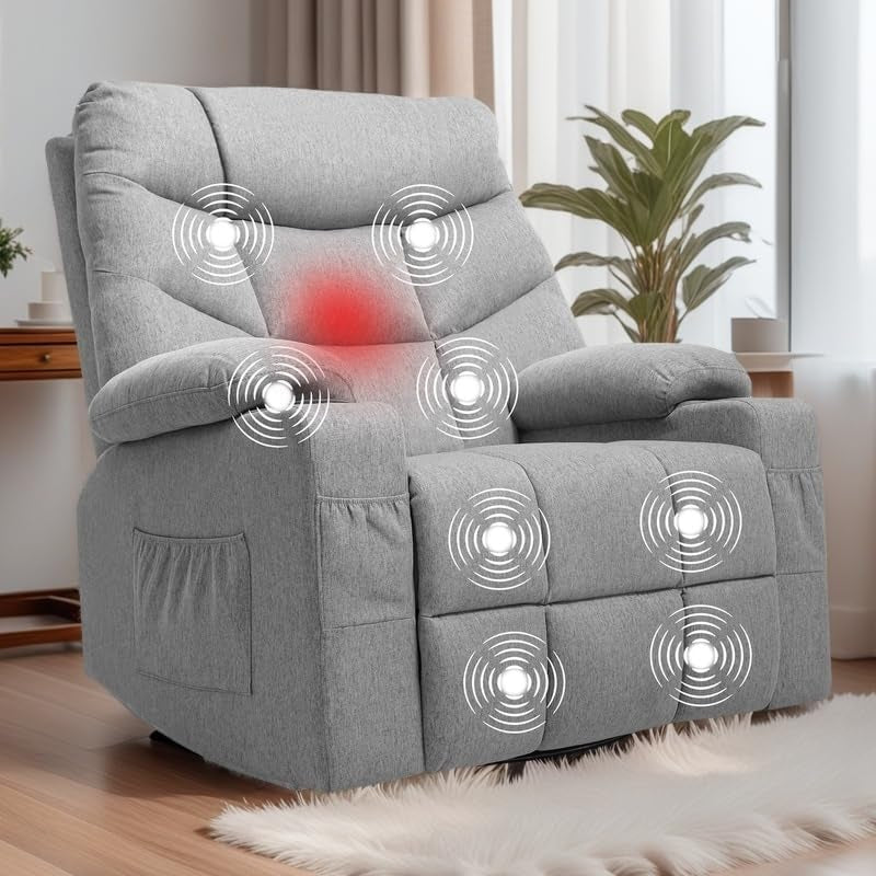 Oversized Swivel Rocking Recliner with Massage and Heat for Big and Tall, Fabric Rocker Recliner Chair with Cup Holders and Side Pocket, Comfy Home Theater Seating for Living Room, Gray-0