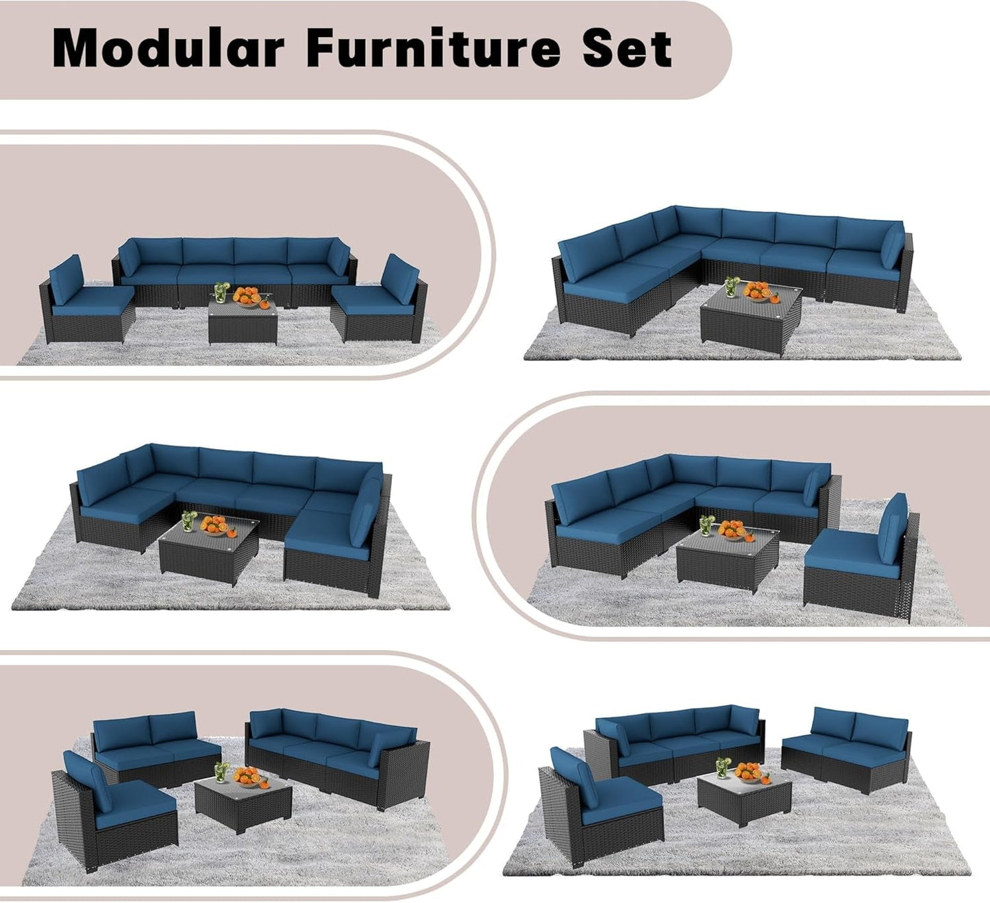 7 Pieces Patio Furniture Sets, Outdoor Furniture Patio Conversation Set, All Weather PE Rattan Sectional Sofa with Cushions and Glass Table (Coffee-Peacock Blue,7 Pieces-S)-3