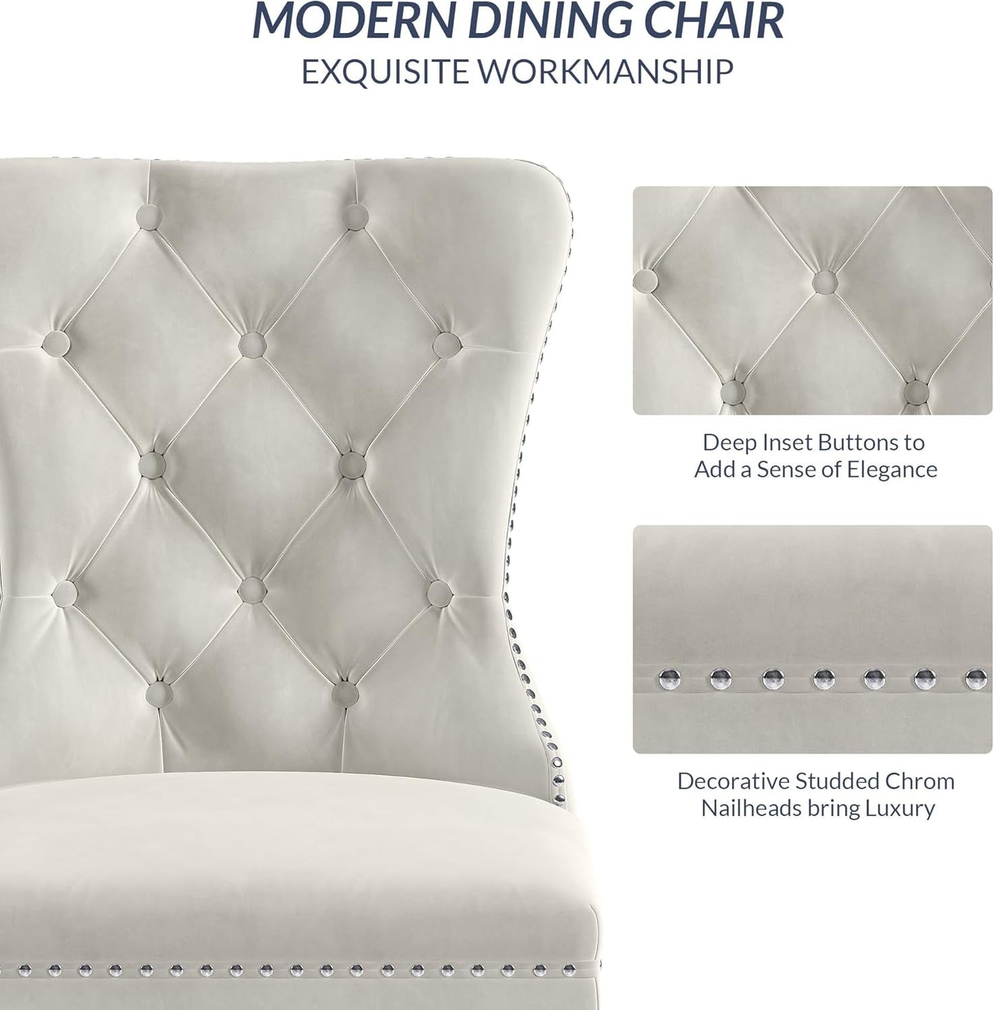 Upholstered Dining Chairs Set of 6, Velvet Luxury Dining Room Chairs with Button Back, Nailhead Trim, Pull-Ring, Solid Wood Legs for Kitchen, Living Room, Restaurant - Chandler (Beige)-4