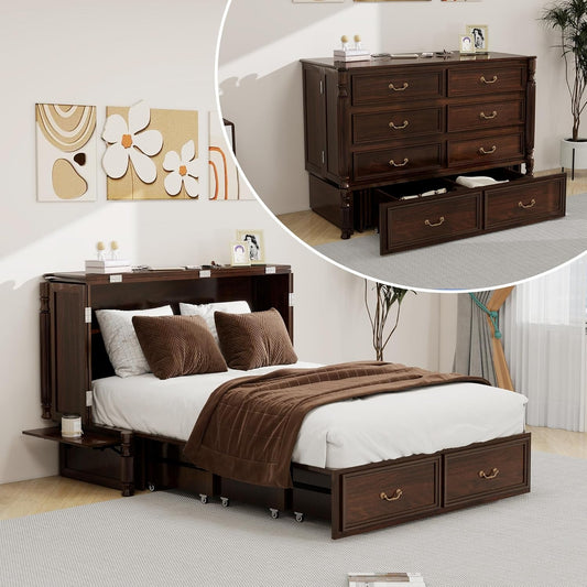 Murphy Bed Full, Solid Wood Cabinet with USB Ports-0