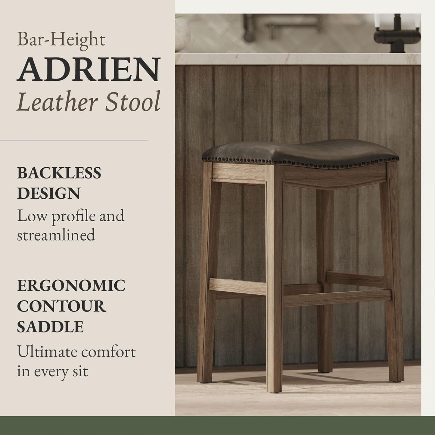 Adrien 31 Inch Bar Height Backless Saddle Barstool in Reclaimed Oak Finish with Ronan Stone Vegan Leather Cushion Seat-3