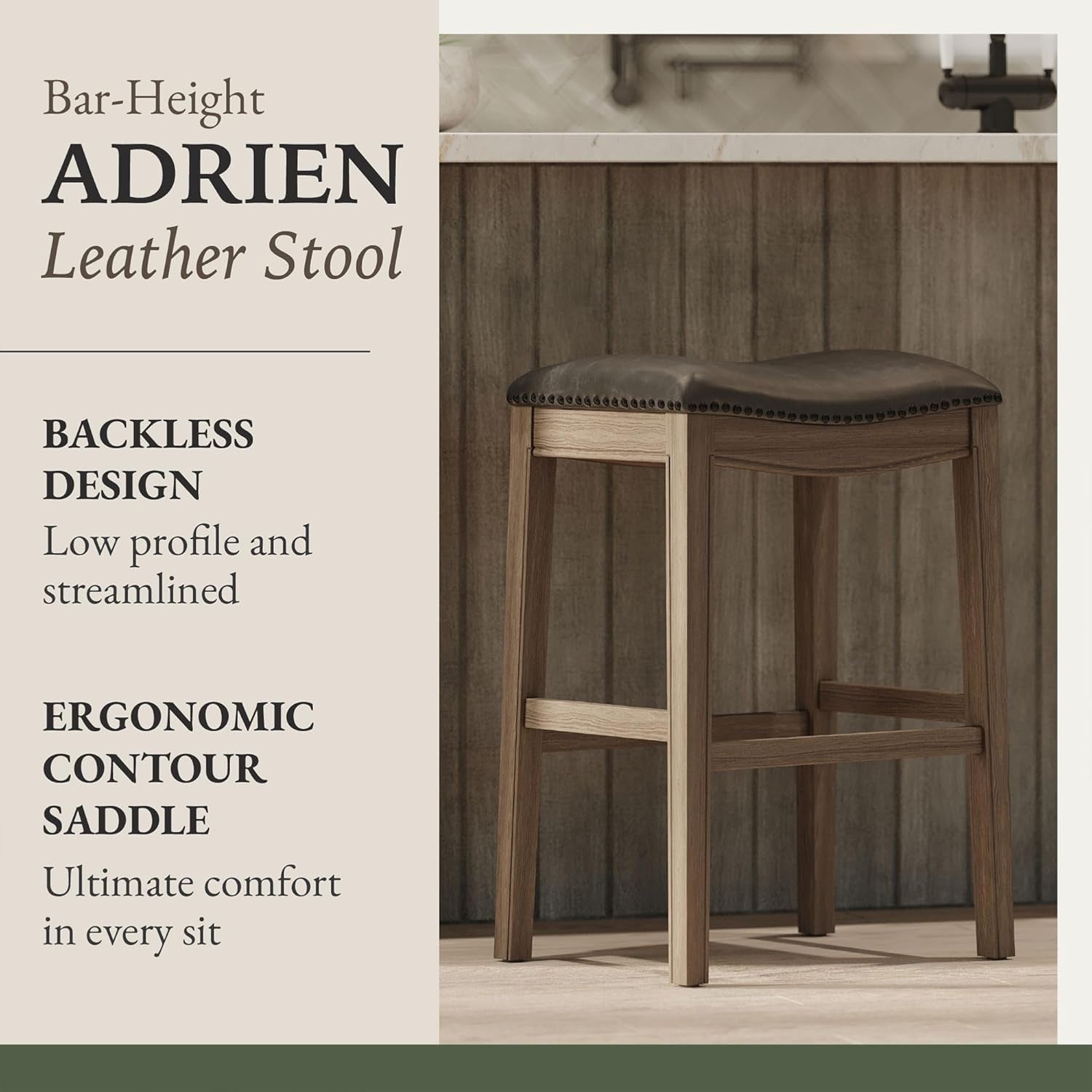Adrien 31 Inch Bar Height Backless Saddle Barstool in Reclaimed Oak Finish with Ronan Stone Vegan Leather Cushion Seat-3