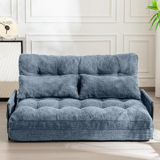 Adjustable Floor Sofa Couch with 2 Pillows, 5-Position Boucle Bean Bag Bed, Convertible Lazy Sofa Sleeper Bed with Armrest, Versatile Floor Seating Sofa for Living Room, Dusty Blue, Double-0