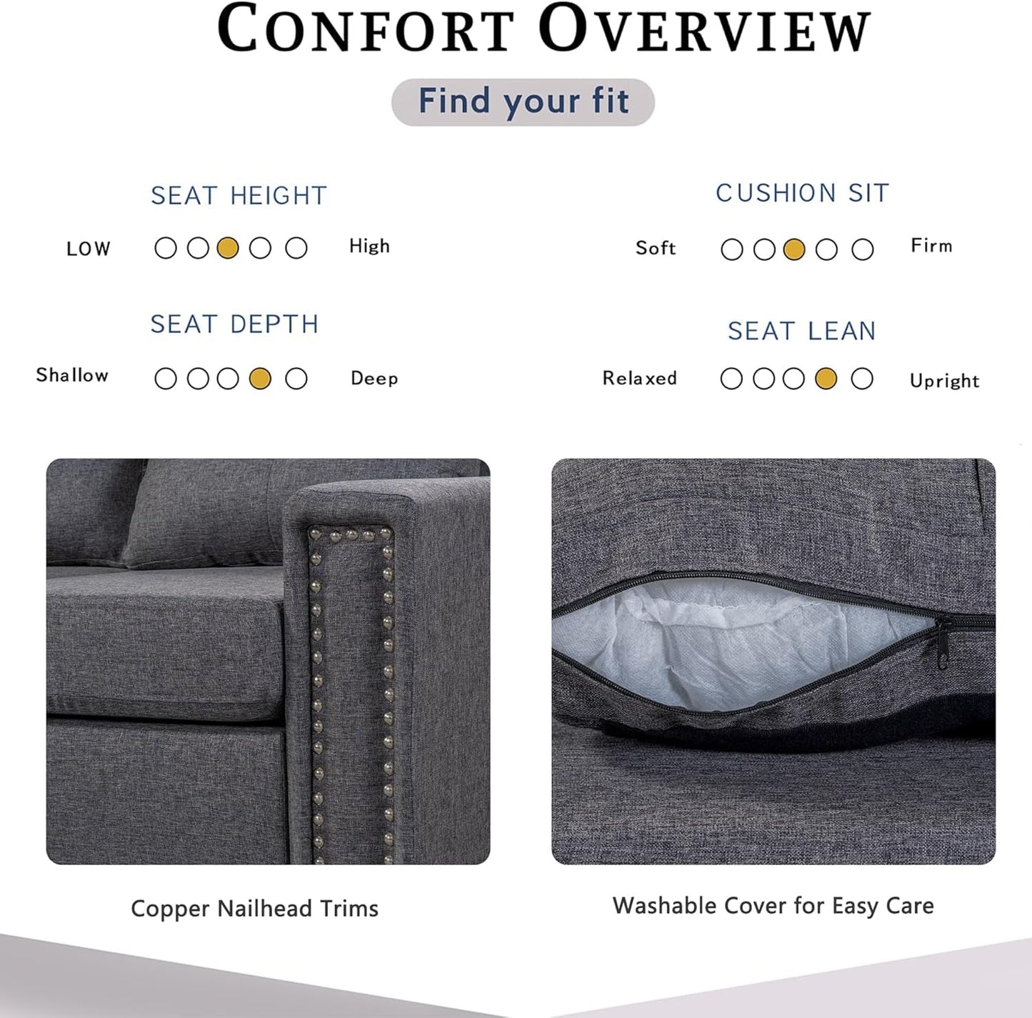 Sectional Sofa with Reversible Chaise Lounge, L-Shaped Sofa with Storage Ottoman and Cup Holders, Nail Head Detail, Sectional Couches Living Room Furniture Sets (Grey)-4