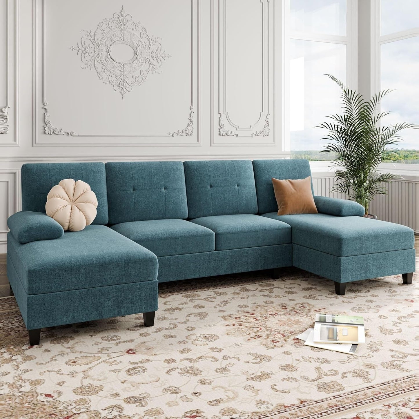 U-Shaped Sectional Sofa with Double Chaise, 4-Seat Linen Fabric Living Room Furniture Set, High-Density Cushions for Ultimate Comfort & Modern Style, Lake Blue-0