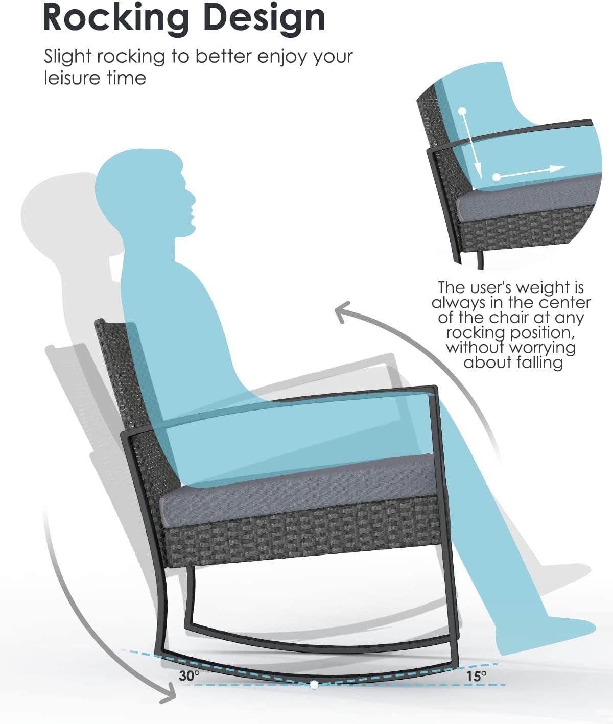 3 Piece Wicker Patio Furniture Set, Outdoor Rocking Chairs, Outdoor Furniture with Table & Cushions, Patio Chairs Balcony Porch Furniture, Gray-2