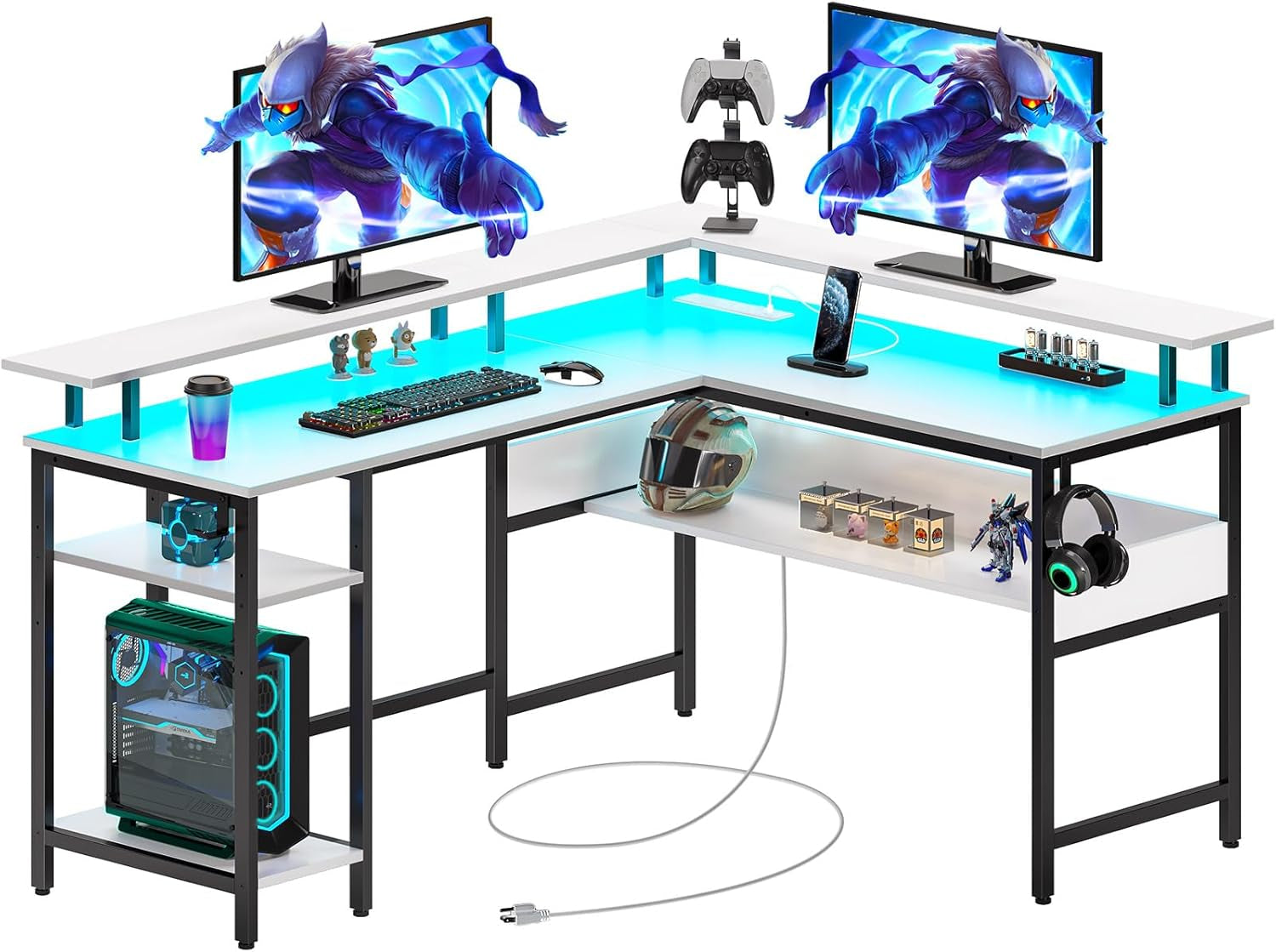 Computer Desk L Shaped 56.7" with LED Lights and Power Outlets, Reversible L Shaped Gaming Desk with Monitor Stand, Home Office Desk with Storage, Desk with USB Port and Hook, White-0