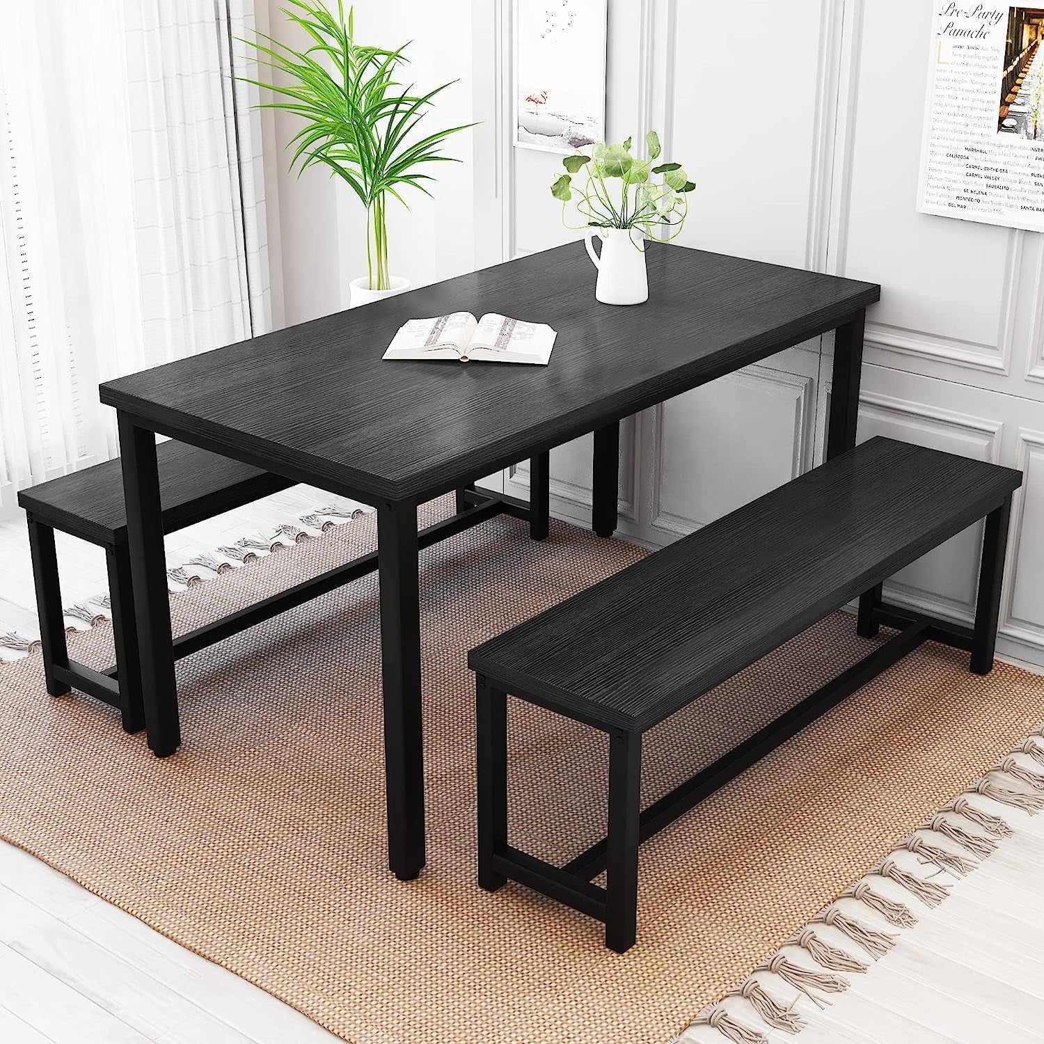 Rectangular Dining Table and Chairs for 4, Modern Wood Bench Dining Room Table Set-0