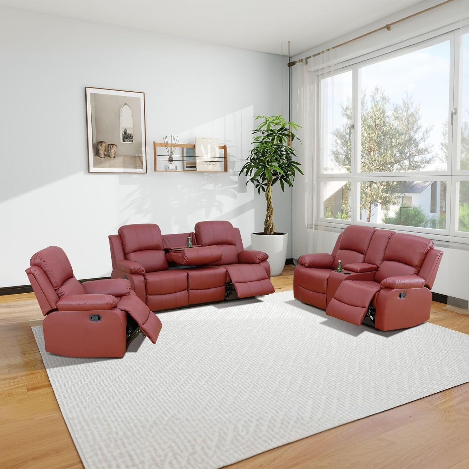 Manual Leather Recliner Sofa Set for Living Room Furniture Set,Leather Recliner Couch Set for Home/Office,Leather Reclining Sofa Set for 3-Pieces(Sofa+Loveseat+Chair) Red-0
