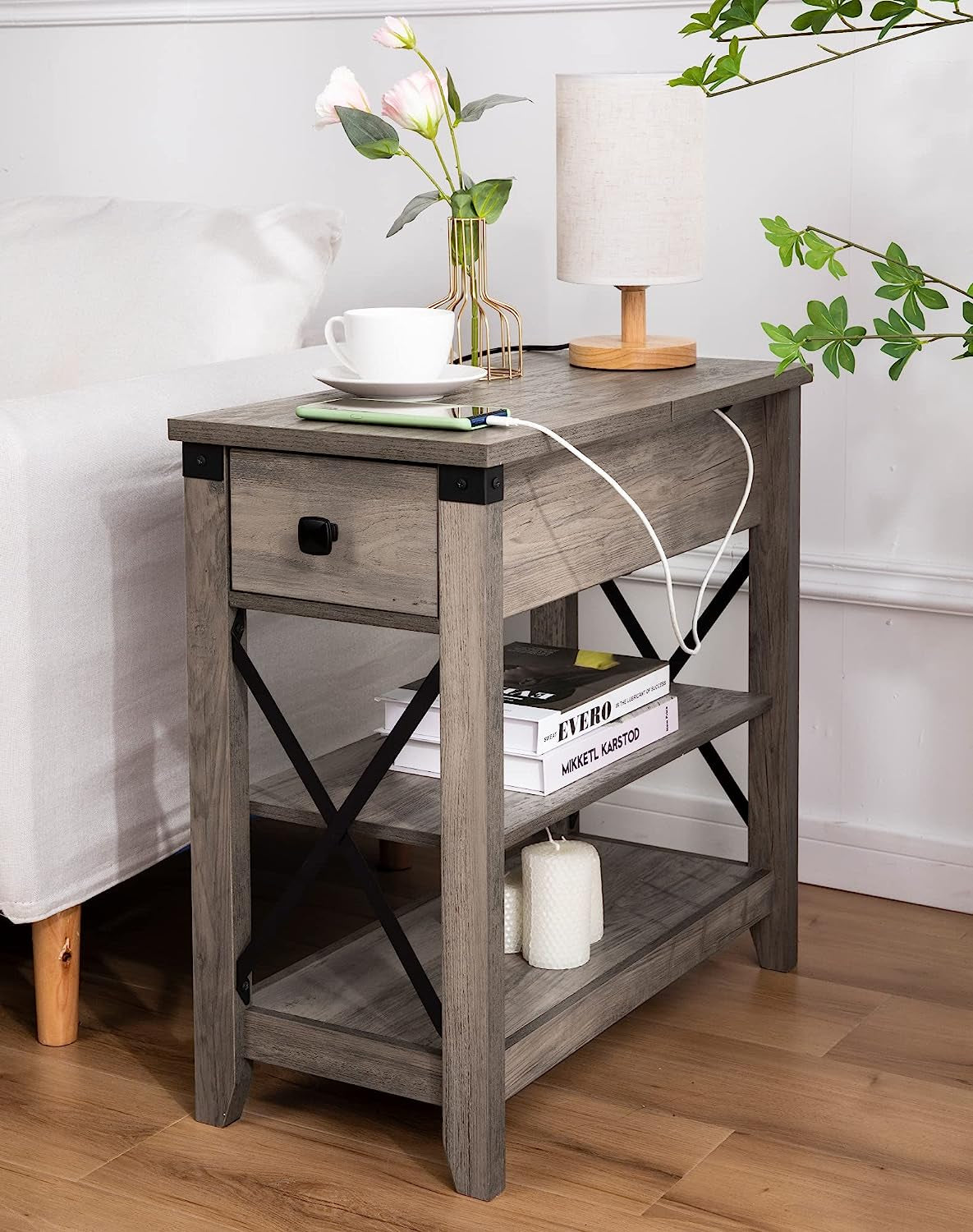 Farmhouse Slim Side Table with Charging Station-0